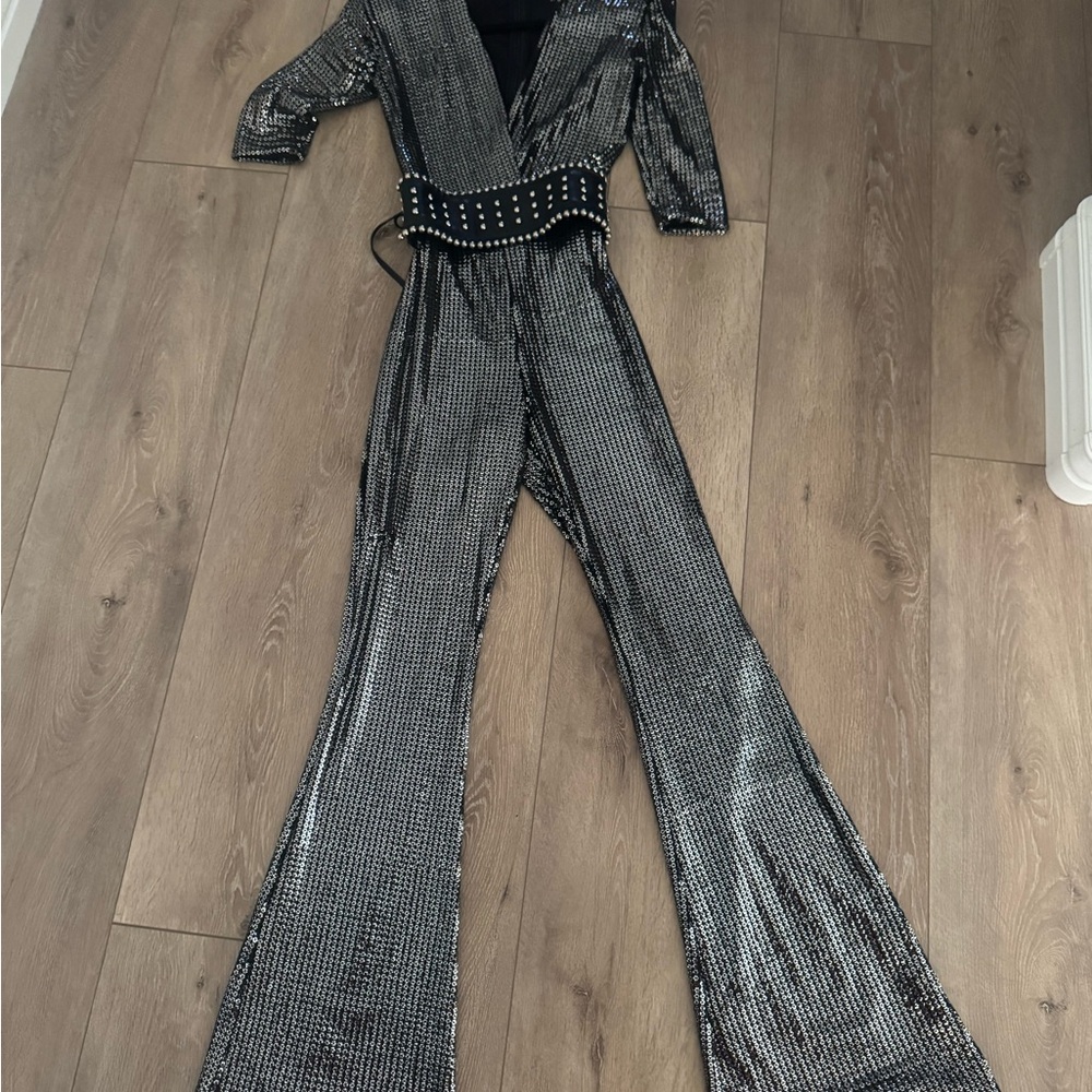NADINE MERABI Metallic Silver Jumpsuit with Studded Belt